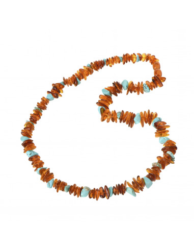 Cognac Chip Polished Amber & Turquoise Beads  Necklace for Adult