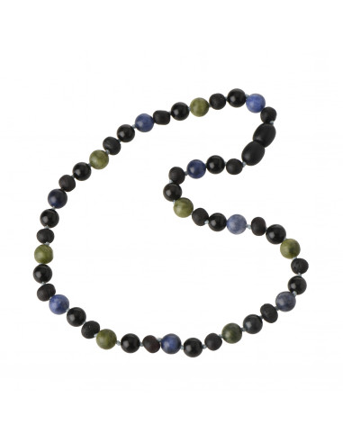 Cherry Baroque Amber, Green Lace Stone / Serpantine, Sodalite & Onyx Teething Necklace