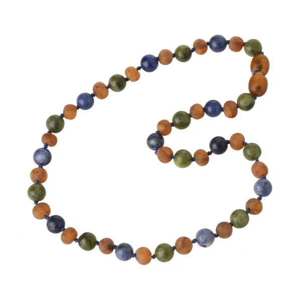 ognac Baroque Amber, Green Lace Stone / Serpantine & Sodalite Teething Necklace