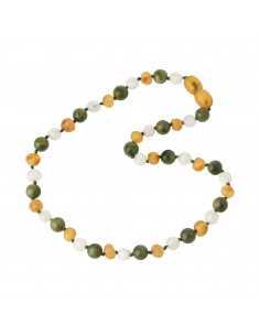 Raw Honey Baroque Amber, Green Lace Stone / Serpantine & Monnstone Teething Necklace