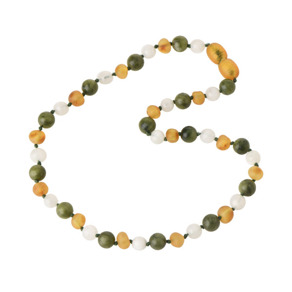 Raw Honey Baroque Amber, Green Lace Stone / Serpantine & Monnstone Teething Necklace