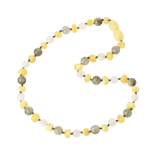 Polished Milky Baroque Amber, Labradorite & Moonstone Teething Necklace