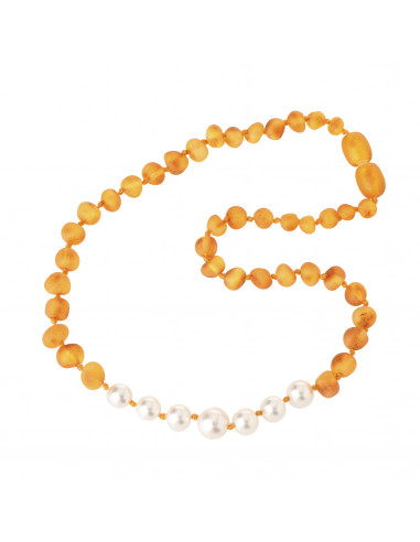 Raw Honey Baltic  Amber & 7 Pearl Bead Necklace for Child