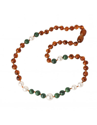 Polished Cognac Amber, Pearl & Malachite Necklace for Child
