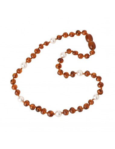 Polished Cognac Amber & Pearl Necklace for Child