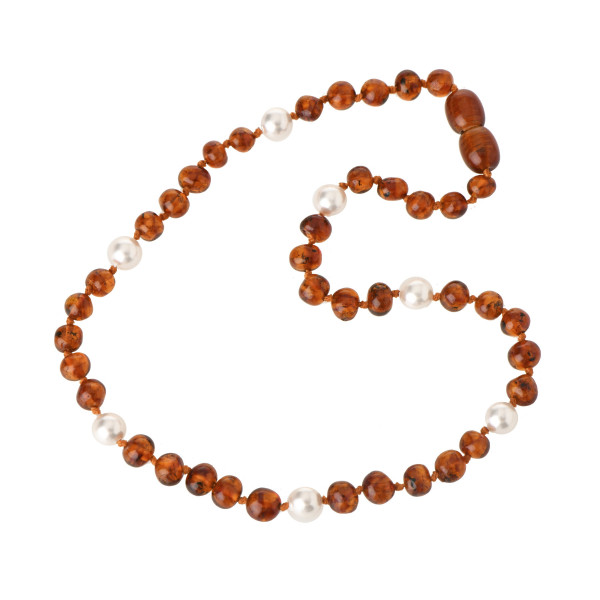 Polished Cognac Amber & Pearl Necklace for Child