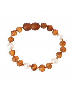 Cognac Baroque Raw Amber & Pearl Beads Bracelet-Anklet for Child