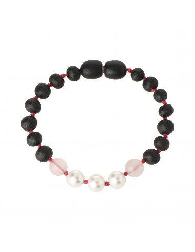 Cherry Baroque Raw Amber, Pearl & Rose Quartz Beads Bracelet-Anklet for Child