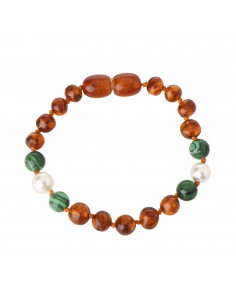 Cognac Baroque Polished Amber, Pearl & Malachite Beads Bracelet-Anklet for Child