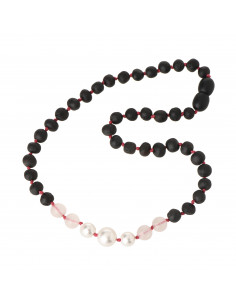 Raw Cherry Amber, Pearl & Rose Quartz Necklace for Child