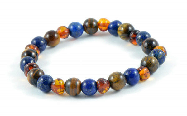 Cognac Baroque Polished Amber Lapis Lazuli & Tiger Eye Beads Bracelet