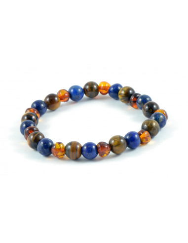 Cognac Baroque Polished Amber Lapis Lazuli & Tiger Eye Beads Bracelet