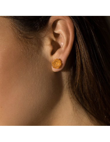 Honey Polished Amber Rose Stud Earrings with Sterling Silver 925