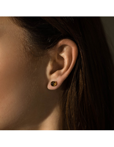 Cognac Polished Amber Stud Earrings with 925 Sterling Silver