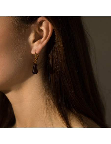 Red Amber Drop Earrings with Gold Plated Silver Clasps