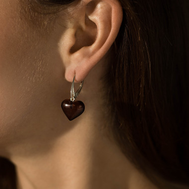Cherry Baltic Amber Heart Drop Earrings with Silver Clasps