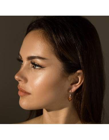 Cognac Baltic Amber Heart Drop Earrings with Silver Clasps