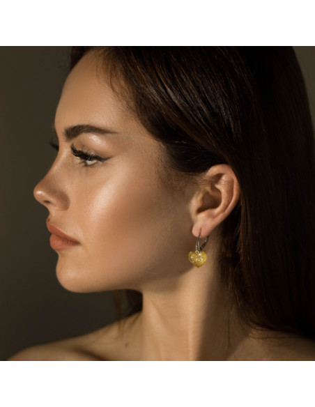 Lemon Baltic Amber Heart Drop Earrings with Silver Clasps