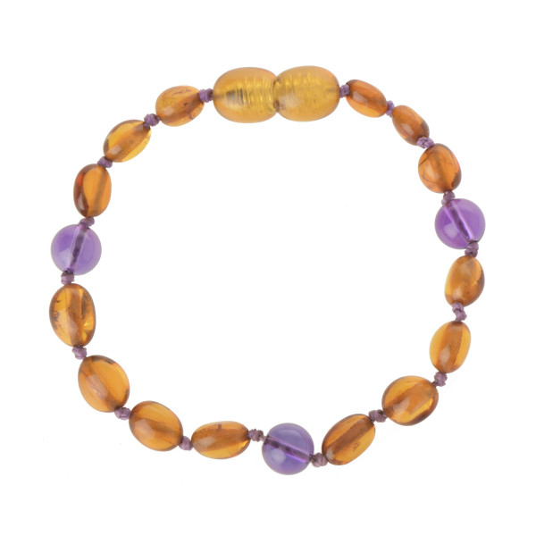 Cognac Olive Polished Amber & Amethyst Beads  Bracelet-Anklet for Child
