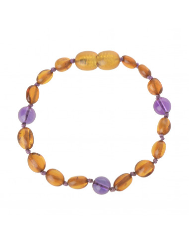 Cognac Olive Polished Amber & Amethyst Beads  Bracelet-Anklet for Child