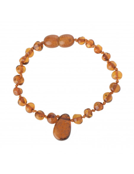 Cognac Polished Baroque Baltic Amber Teething Bracelet for Baby with Small Pendant