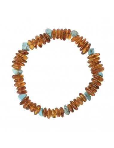 Cognac Half Baroque Polished Baltic Amber Bracelet for Adult with Turquoise Stones