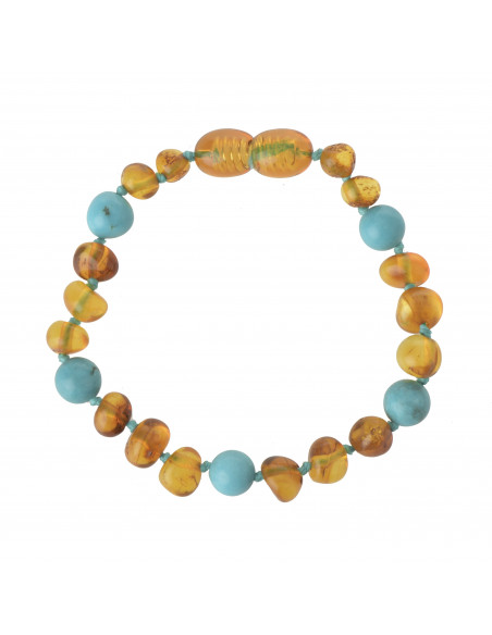 Cognac Baroque Polished Amber & Turquoise (Green) Beads Bracelet-Anklet for Child