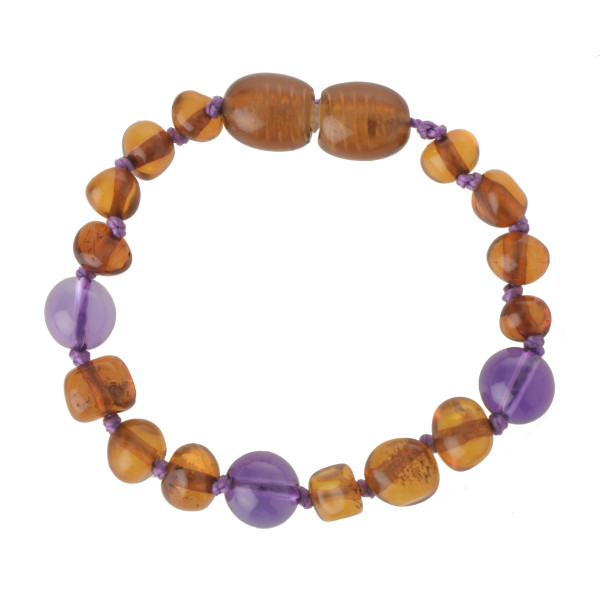 Cognac Baroque Polished Baltic Amber & Amethyst Teething Bracelet-Anklet for Child
