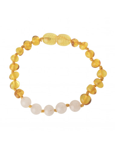 Honey Baroque Polished Baltic Amber Bracelet-Anklet for Child wiht Rose Quartz Beads in the Center