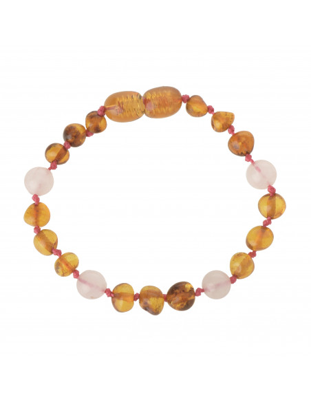 Cognac Baroque Polished Baltic Amber & Rose Quartz Beads Bracelet-Anklet for Child