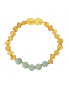Lemon Baroque Polished Baltic Amber & Aquamarine Beads Bracelet-Anklet for Child