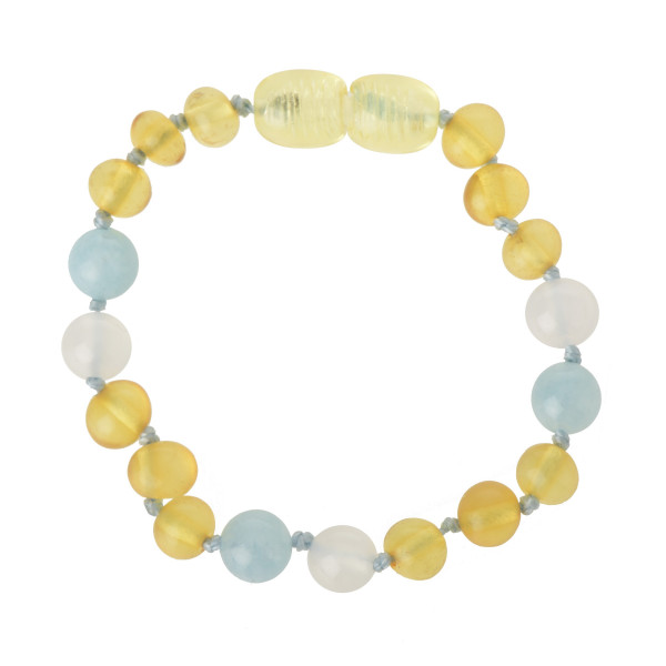 Honey Baroque Polished Baltic Amber & White Agate & Aquamarine Teething Bracelet