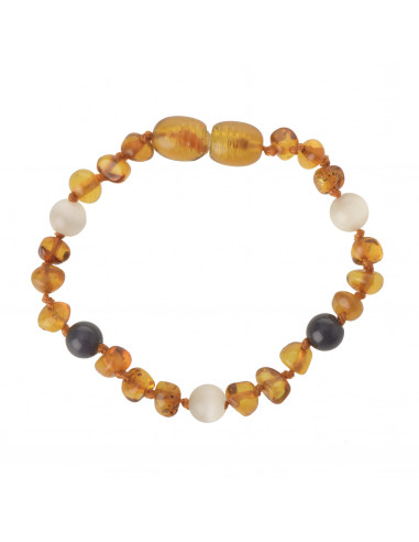 Cognac Baroque Polished Baltic Amber & Cat Eye Teething Bracelet-Anklet for Child