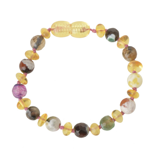 Cognac Baroque Polished Baltic Amber & Colorful Agate Teethig Bracelet