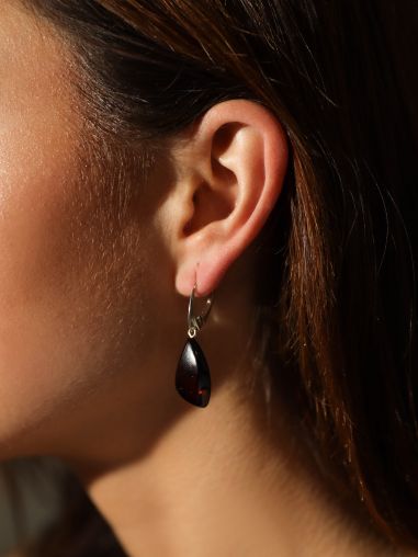 Cherry Baltic Amber Drop Earrings with 925 Sterling Silver