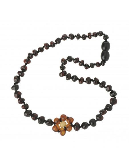 Cherry Polished Baltic Amber Teething Necklace for Baby with Lemon Amber Flower