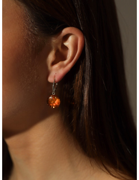 Cognac Polished Round Baltic Amber Drop Earrings with 925 Sterling Silver