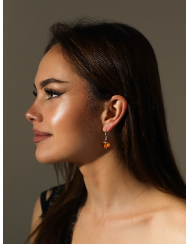 Cognac Polished Round Baltic Amber Drop Earrings with 925 Sterling Silver