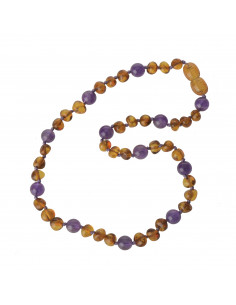 Cognac Baroque Polished Baltic Amber & Amethyst Teething Necklace for Child