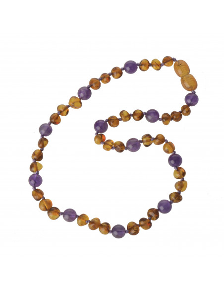 Cognac Baroque Polished Baltic Amber & Amethyst Teething Necklace for Child