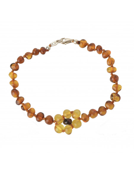 Cognac Baroque Polished Baltic Amber Teething Bracelet for Baby with Lemon Amber Flower