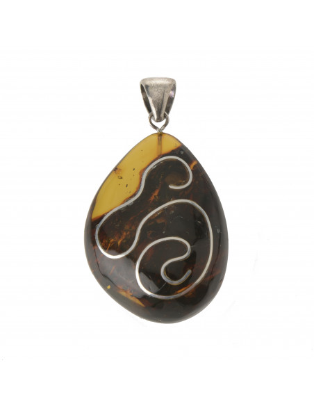 Green Decorated Baltic Amber Pendant for Adults with 925 Sterling Silver