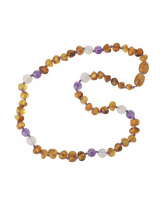 Cognac Baroque Polished Baltic Amber & Amethyst & White Agate Teething Necklace for Child
