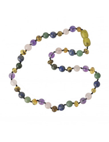 Green Baroque Polished Baltic Amber & Amethyst & Rose Quartz & African Jade Necklace for Child