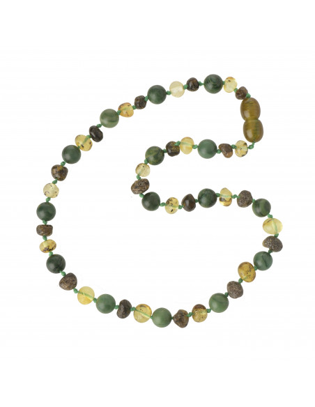 Green Baroque Polished Baltic Amber & African Jade Teething Necklace for Child