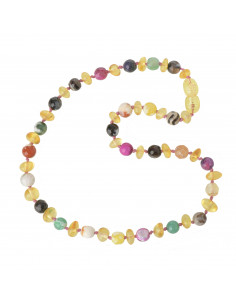 Lemon Half Baroque Polished Amber & Faceted Colorful Agate Teething Amber Necklace