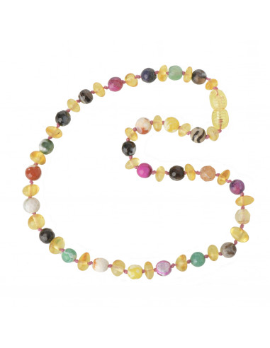 Lemon Half Baroque Polished Amber & Faceted Colorful Agate Teething Amber Necklace