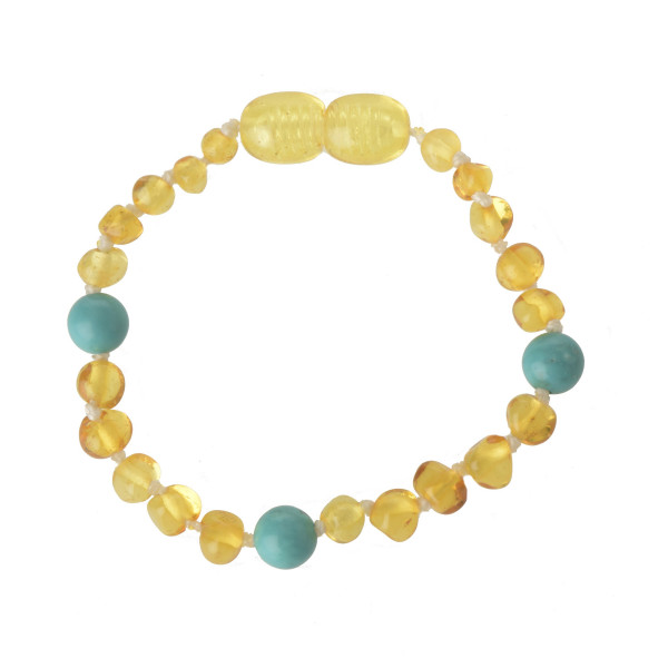 Lemon Baroque Polished Baltic Amber & Turquoise (Green) Beads Bracelet-Anklet for Child