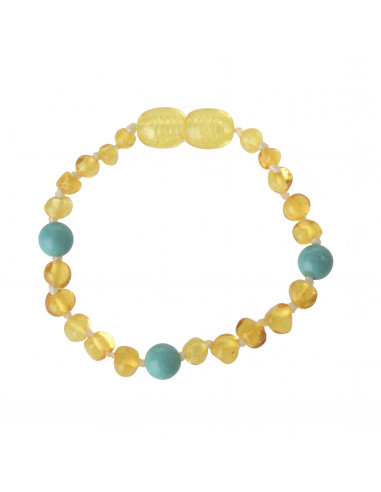 Lemon Baroque Polished Baltic Amber & Turquoise (Green) Beads Bracelet-Anklet for Child