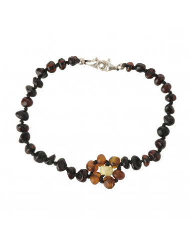 Cherry Baroque Polished Baltic Amber Teething Bracelet for Baby with Cognac Amber Flower